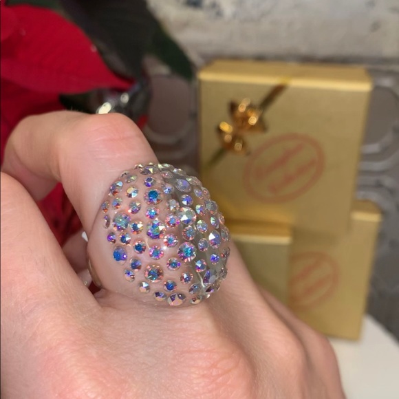 Clear Acrylic Ring Embellished With Aurora borealis Swarovski Crystal stones. - Picture 10 of 12